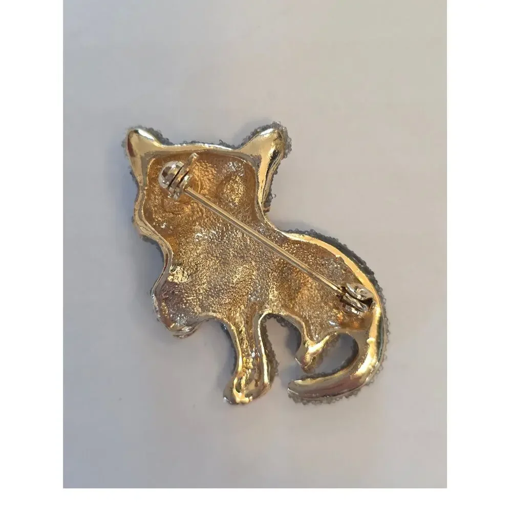 Kitty Cat with Blue Rhinestone Eyes Brooch Gold Tone Encrusted Playful Bow
